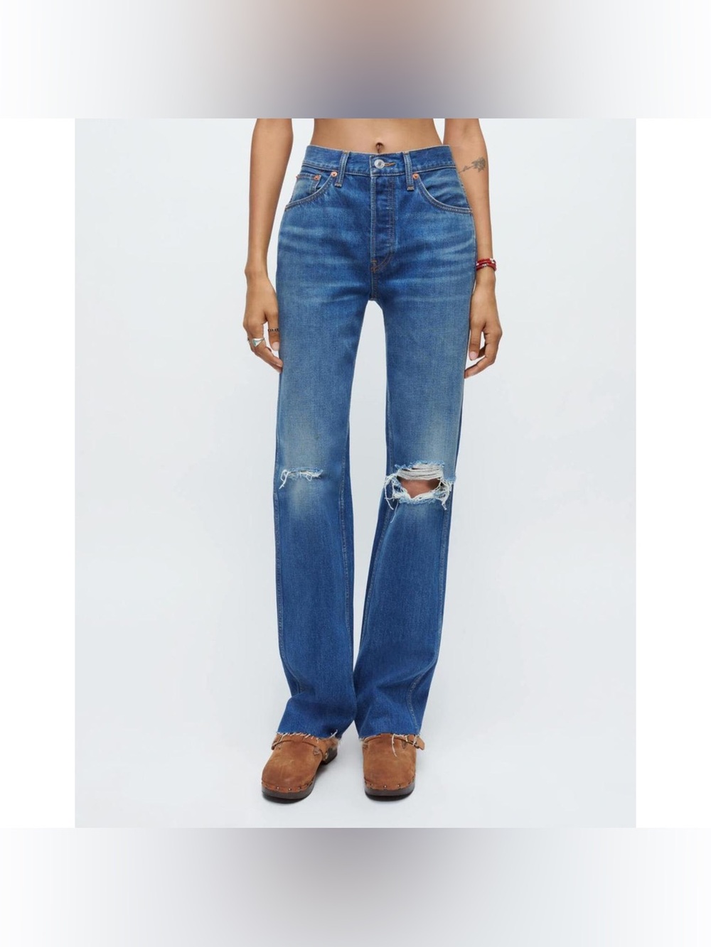 NWT RE/DONE Women's Jeans 24 Blue 90s High Rise Loose Straight Destroyed Broken